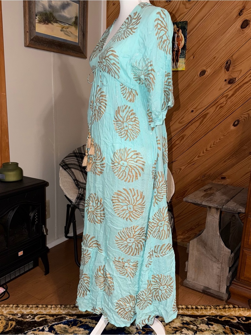 Zury Turquoise Maxi Dress with Gold Medallion Print and Tassel Tie 100% Viscose - Picture 3 of 11